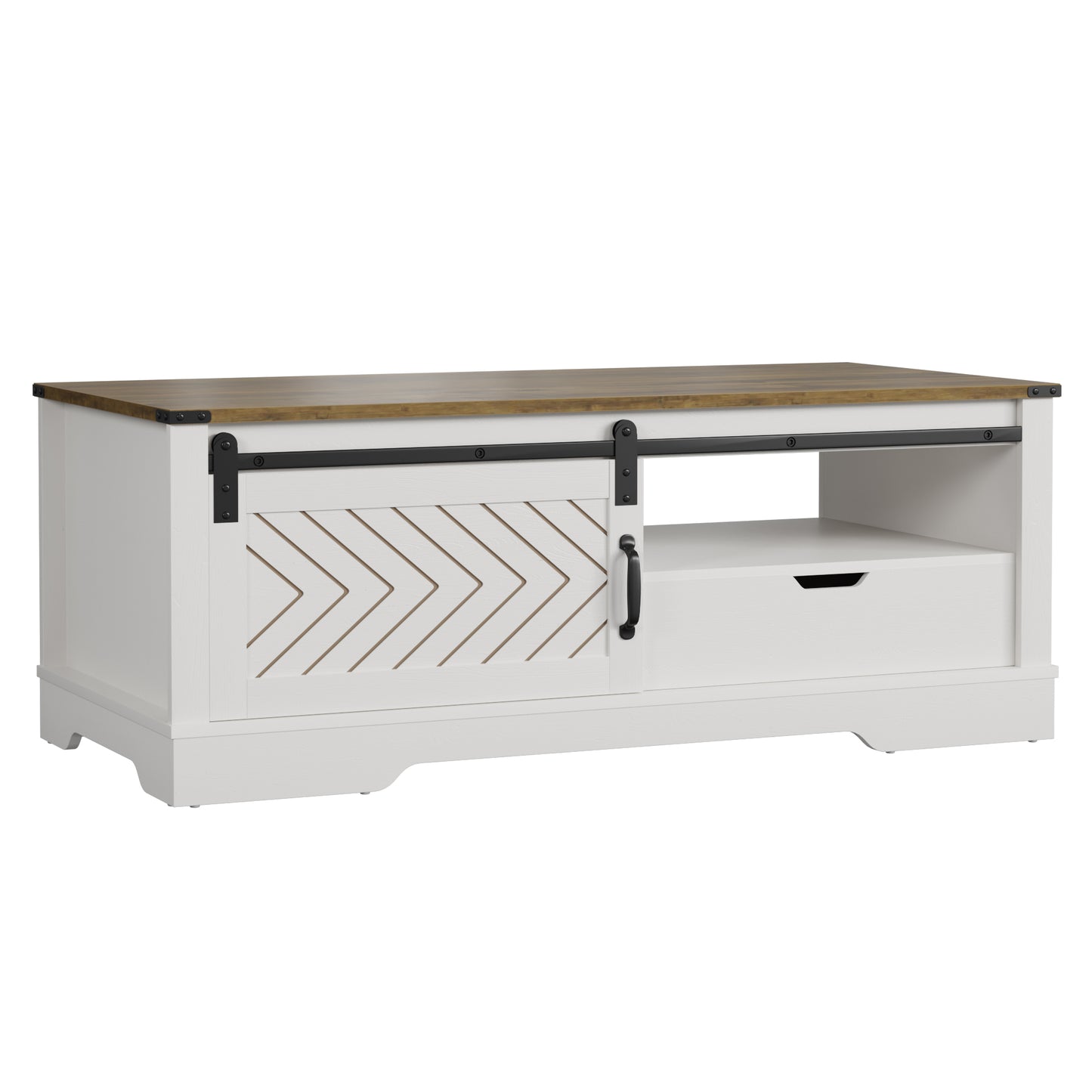 Barn Style Sliding Coffee Table with Ample Storage in White & Oak