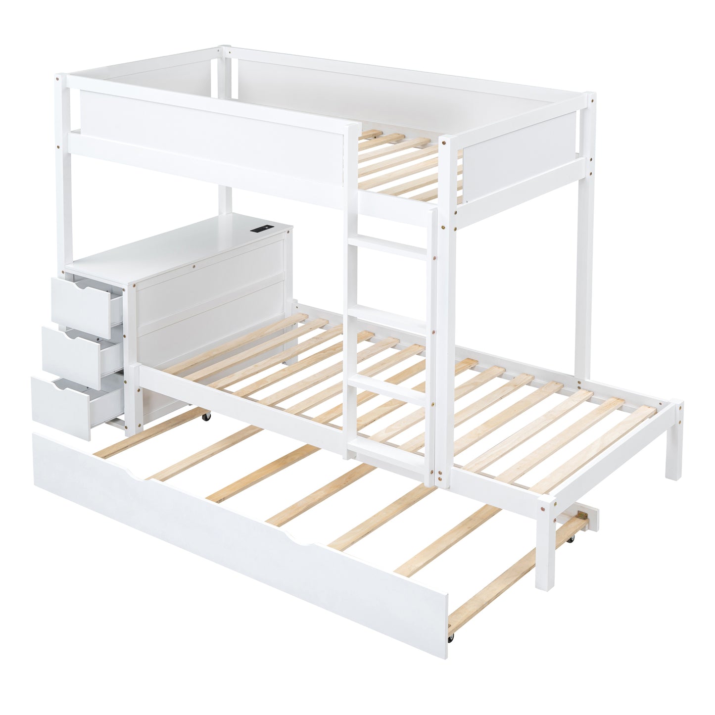 Twin Loft Bed with Trundle, Storage, Desk, and USB Outlets, White