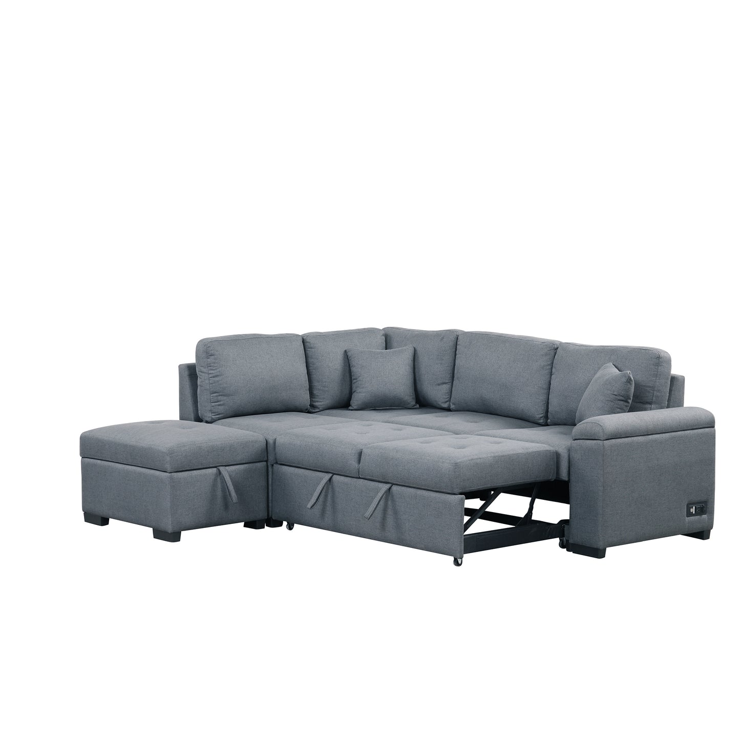 L-Shaped Sleeper Sectional Sofa with Ottoman and USB Charge, Dark Gray