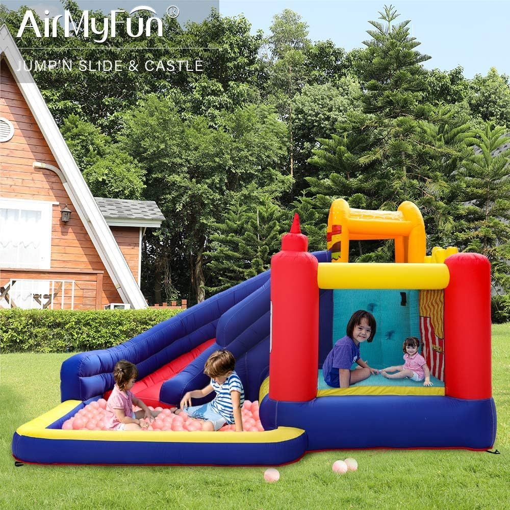 AirMyFun Food Bouncy Castle with Hamburger and Ketchup Shape, Jump & Slide Area with Safety Net