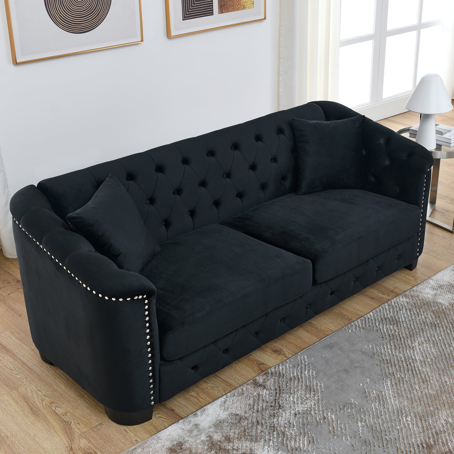 Luxurious 77-Inch Black Velvet Chesterfield Sofa with Nailhead Arms