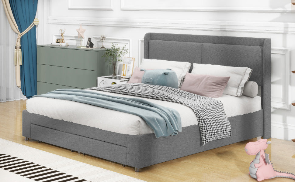 Queen Size Storage Upholstered Hydraulic Platform Bed with 2 Drawers, Gray