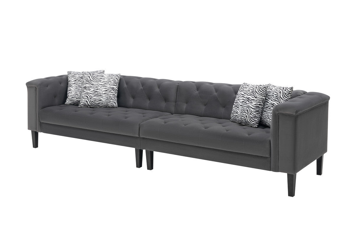 Mary Dark Gray Velvet Tufted Sofa With Accent 4 Pillows