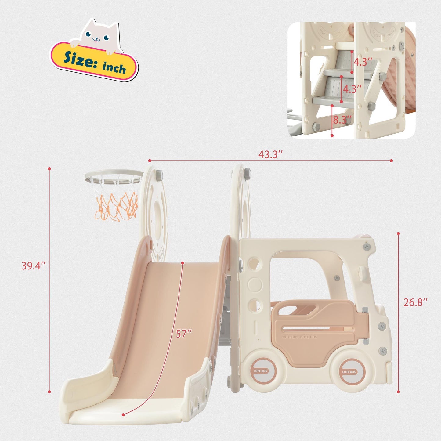 Bus-Themed Kids' Slide Set with Basketball Hoop and Freestanding Play Structure