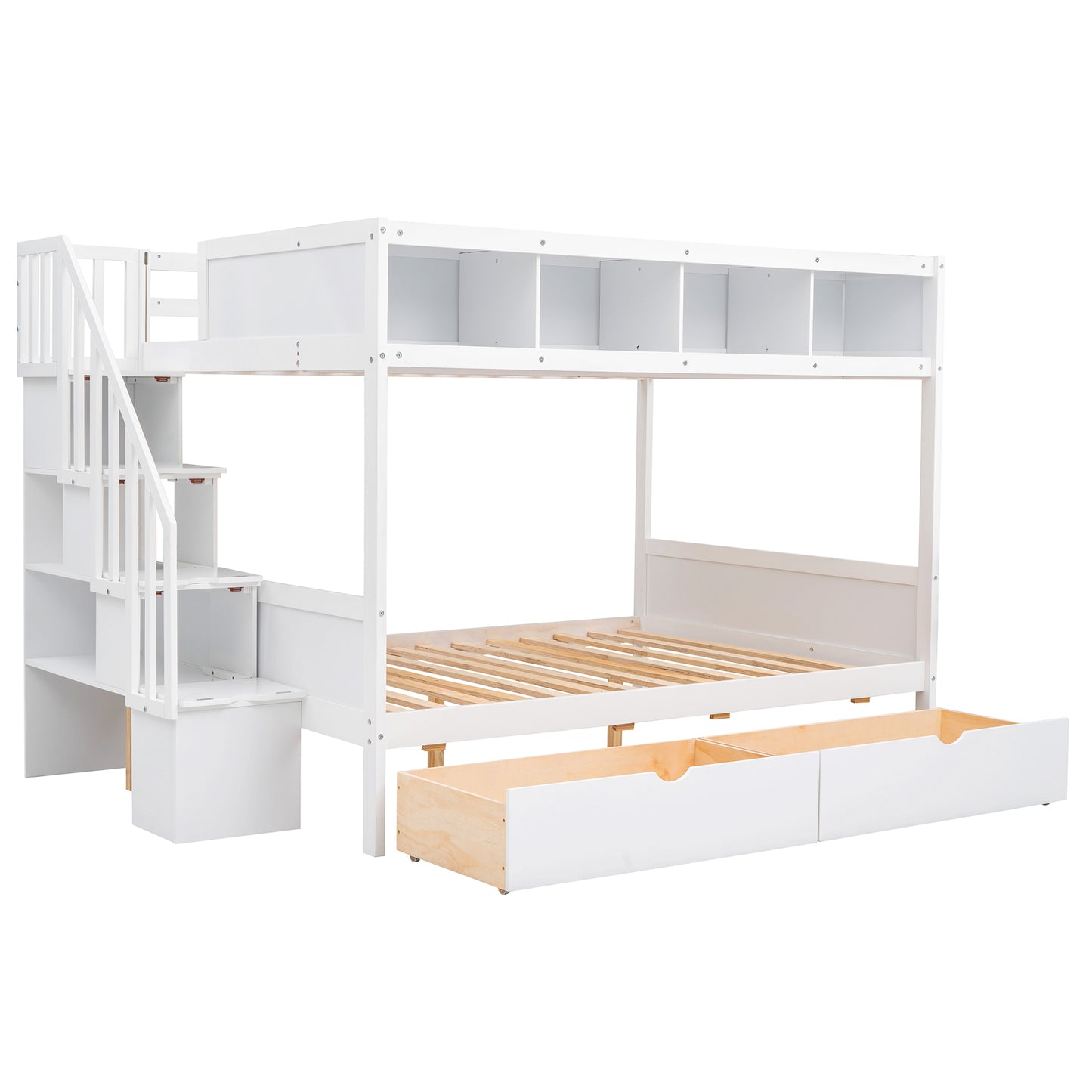 Versatile White Bunk Bed with Shelves, Storage Staircase, and Drawers