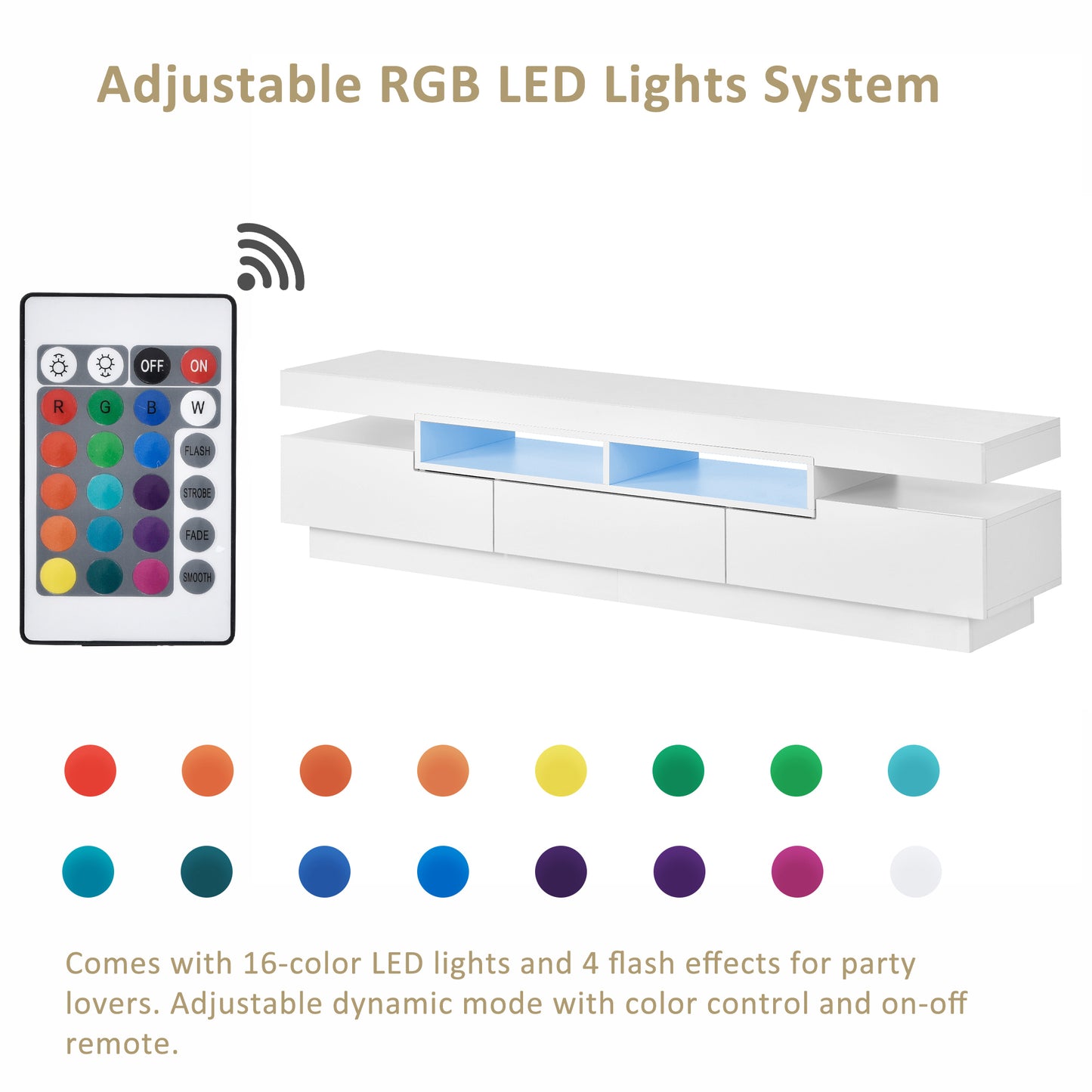 Sleek White TV Stand with Multi-Color LED Lights and Storage for 75 Inch TV