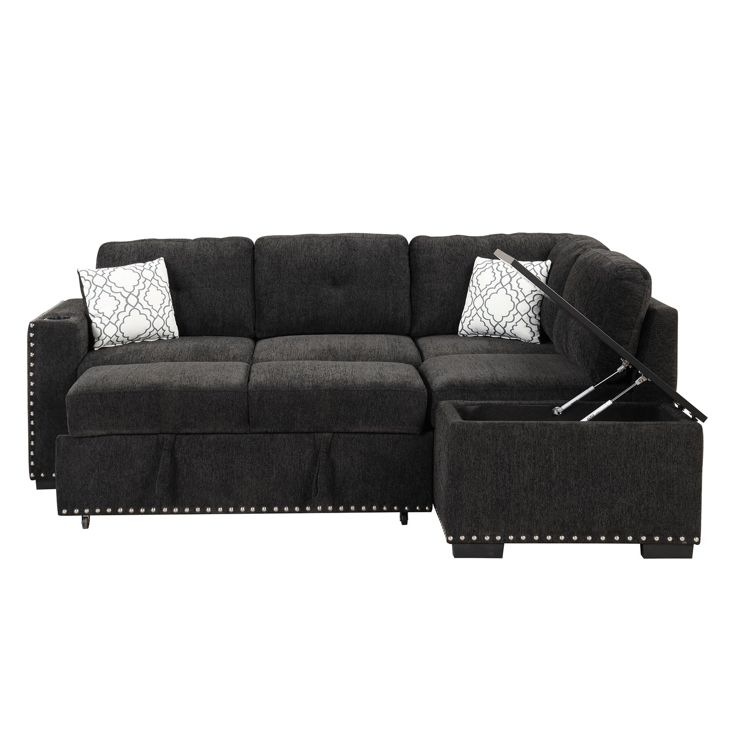 83.8 L-Shaped Reversible Sectional Sleeper Sofa with Cup Holder and USB Ports, Black