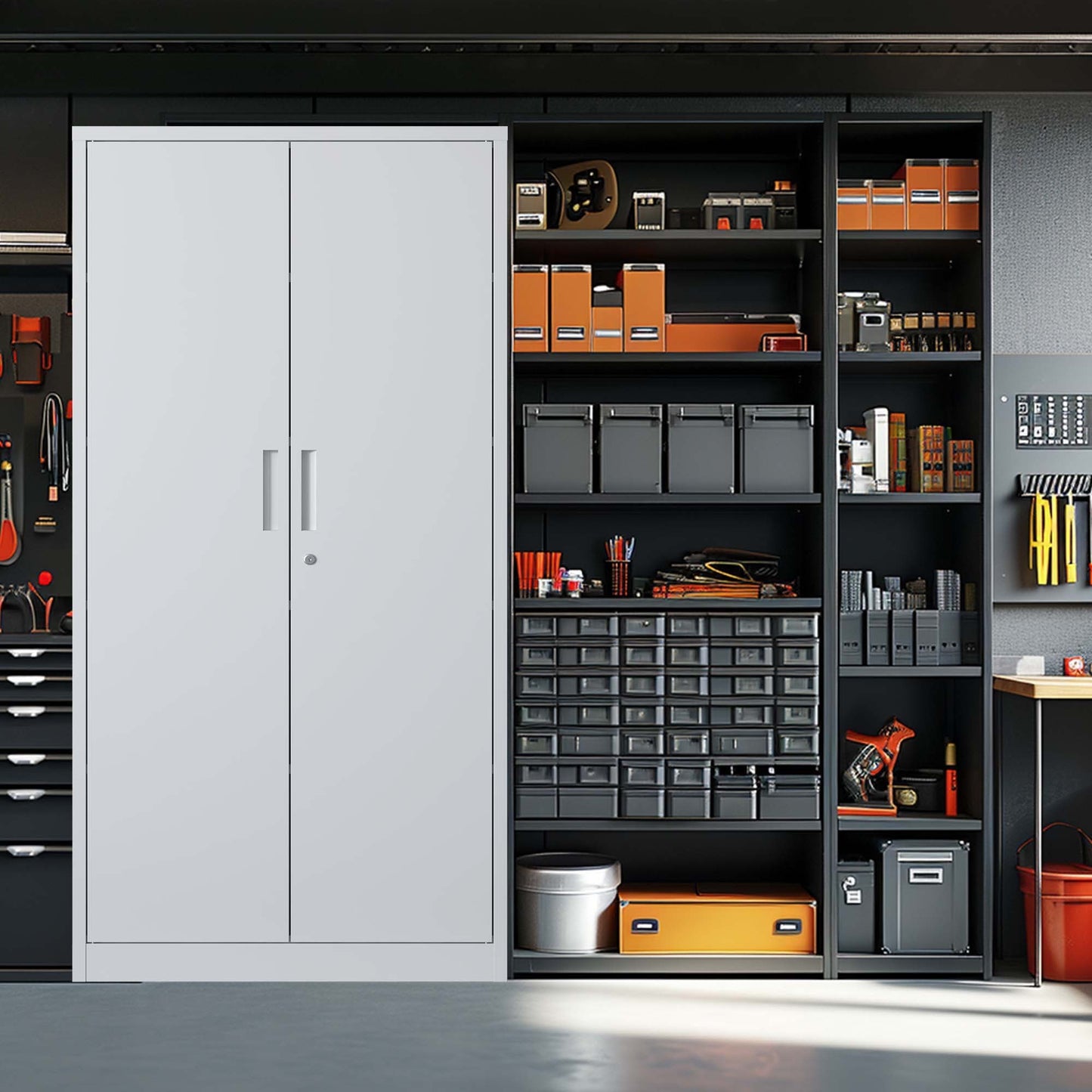 71H Black Steel Garage Storage Cabinet with Locking Doors and Adjustable Shelves