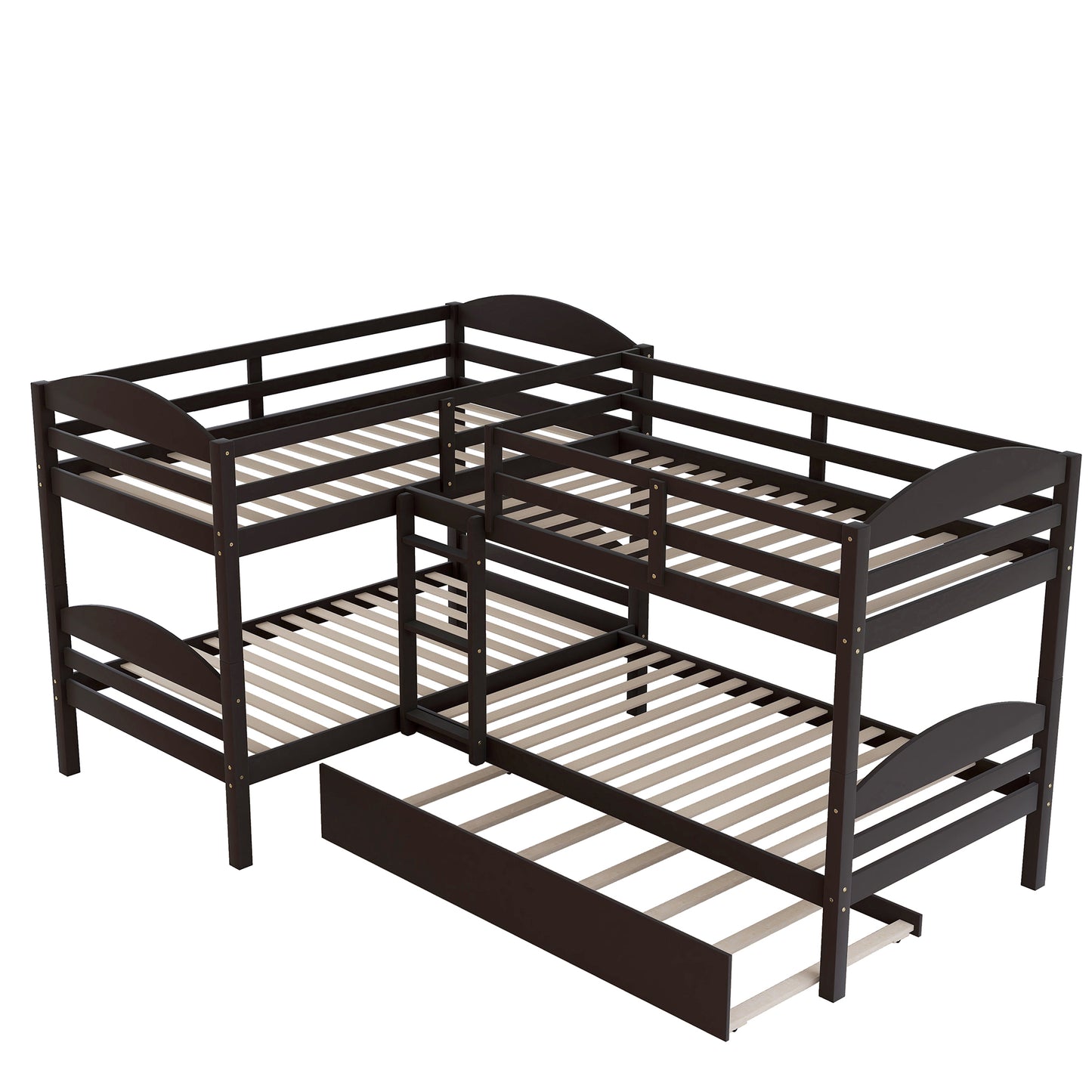 L-Shaped Bunk Bed with Trundle in Espresso Finish - Space-Saving Twin Bed Set for Families and Sleepovers