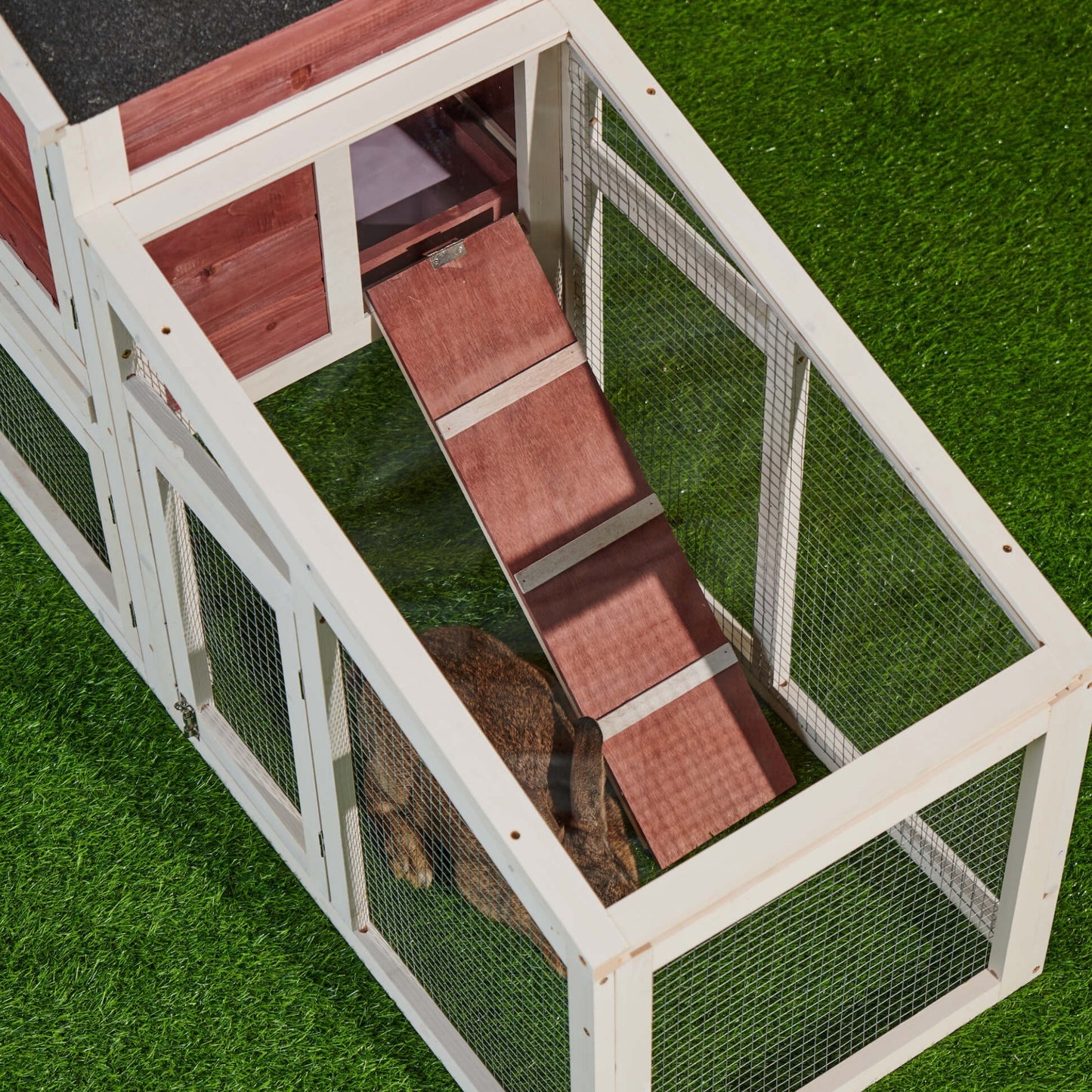 Rabbit Hutch Indoor Outdoor, Wooden Chicken Coop, Bunny Cage Hen House with Run, Ventilation Door, Removable Tray, Ramp, Sunlight Panel, Backyard Garden Animals Pet Cage Auburn