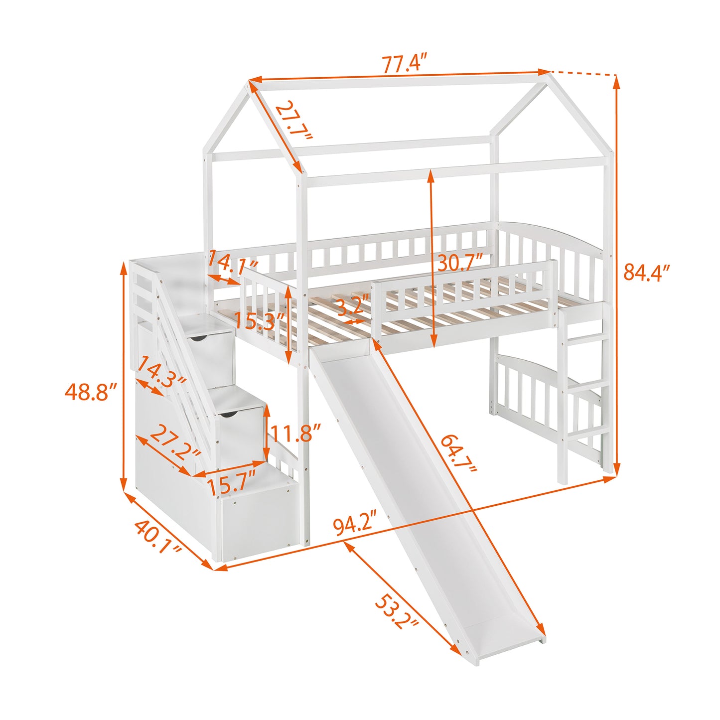 Twin Loft Bed with Two Drawers and Slide, House Bed with Slide, White