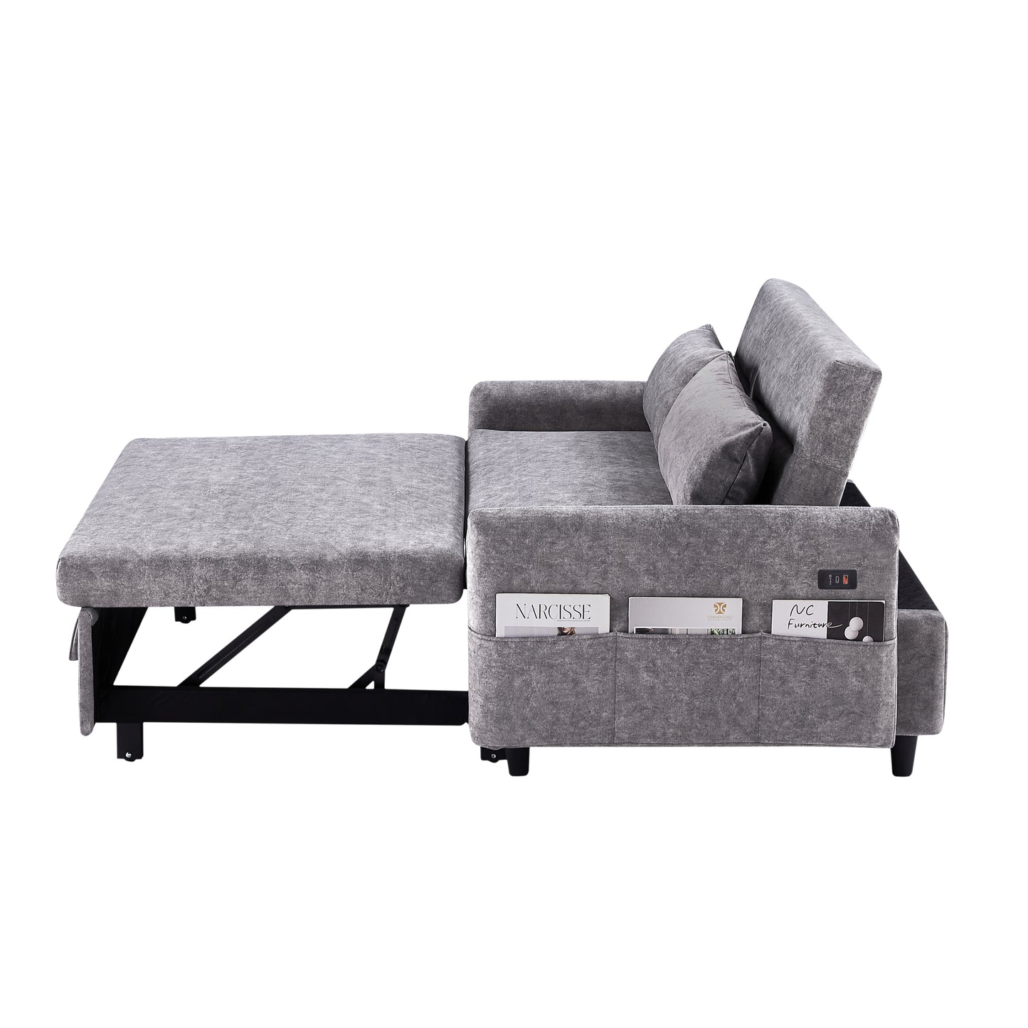 Adjustable Grey Loveseat Sofa Bed with USB Ports and Storage Pockets