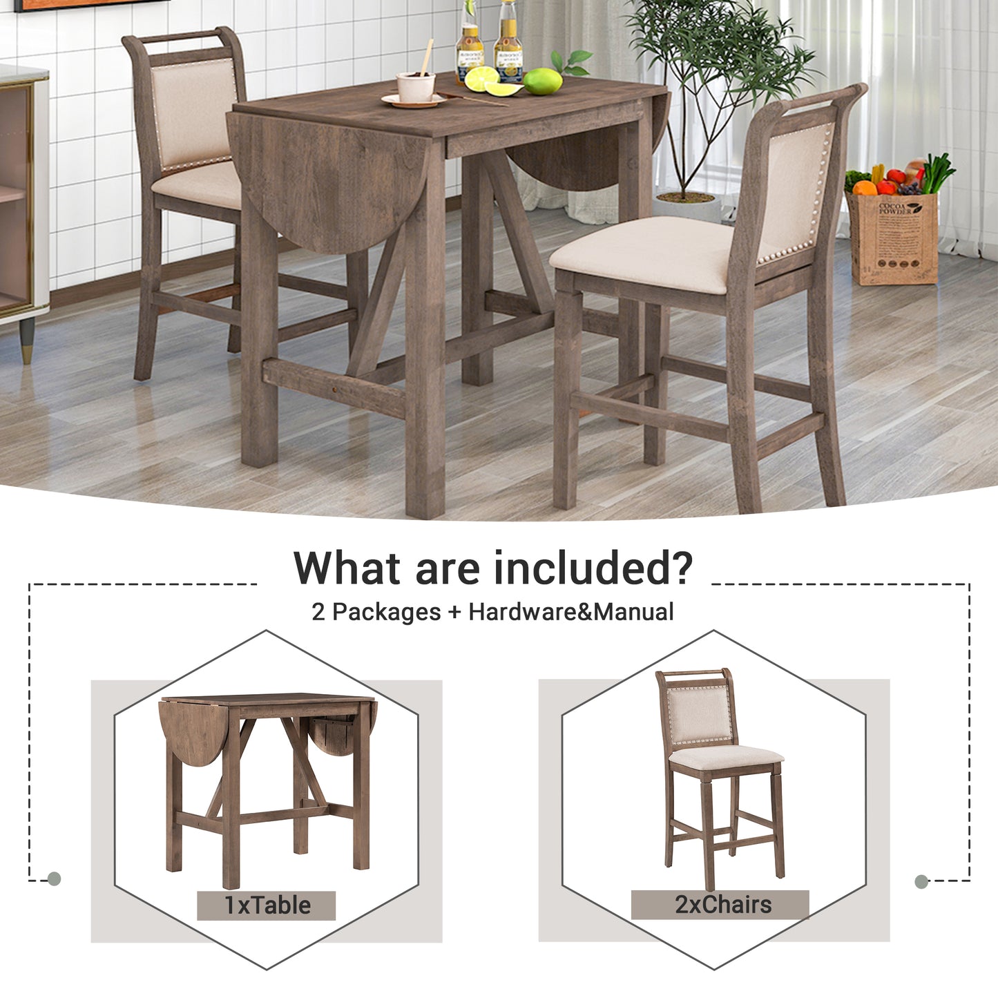 3-Piece Wood Counter Height Drop Leaf  Dining Table Set with 2 Upholstered Dining Chairs for Small Place, Brown