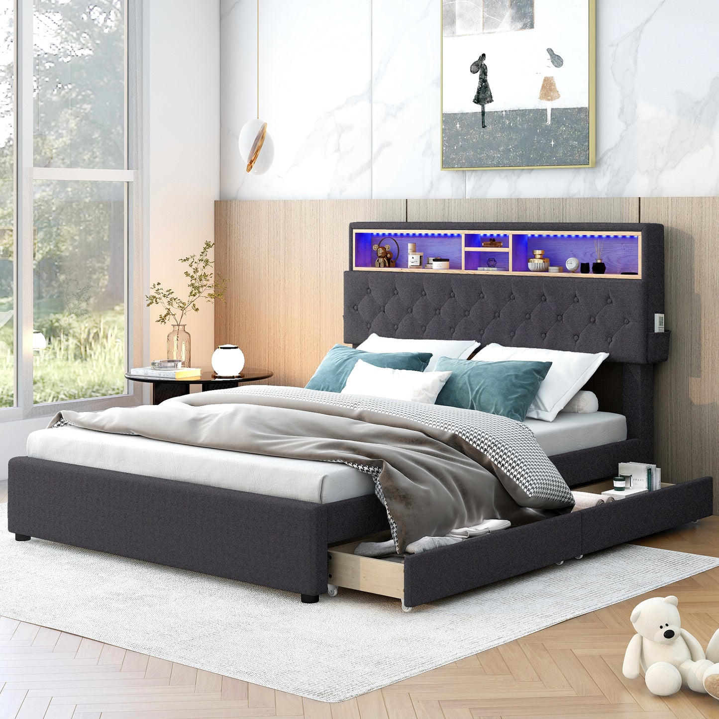 Full Size Upholstered Platform Bed with Storage Headboard, LED, USB Charging and 2 Drawers, Dark Gray