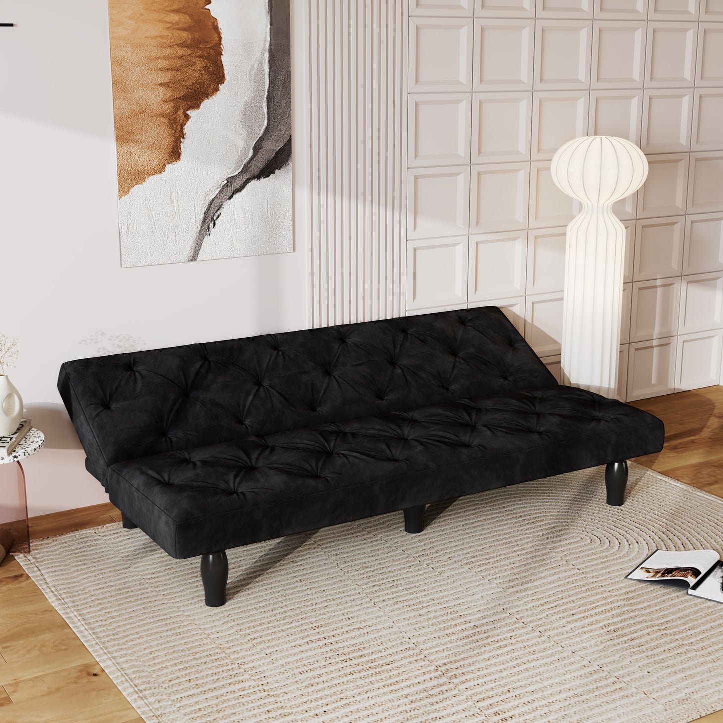 Convertible Black Velvet Sofa Bed for Family Living Room, Apartment, or Bedroom