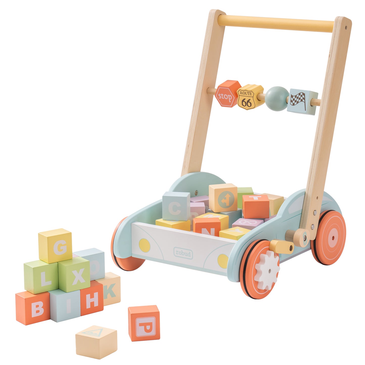 Wooden Baby Walker with Building Blocks and Resistance Knob