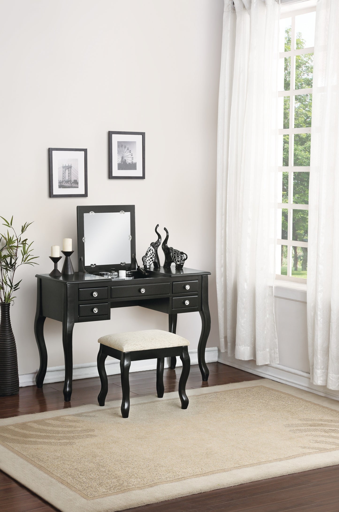 Classic 1pc Vanity Set w Stool Black Color Drawers Open-up Mirror Bedroom Furniture Unique Legs Cushion Seat Stool Vanity