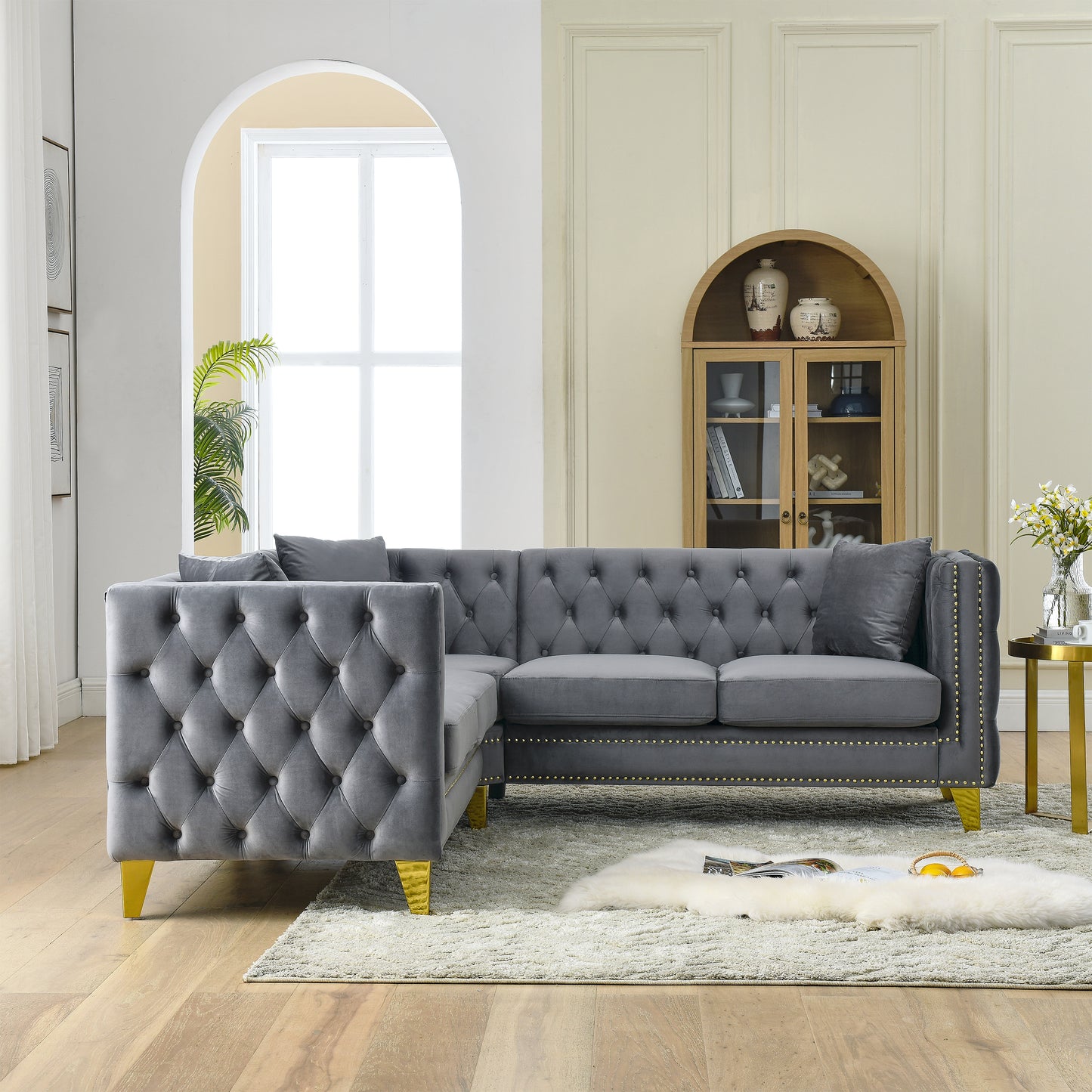 82.2-Inch Velvet L-Shaped Sectional Corner Sofa with 5-Seater Capacity and Nailhead Trim