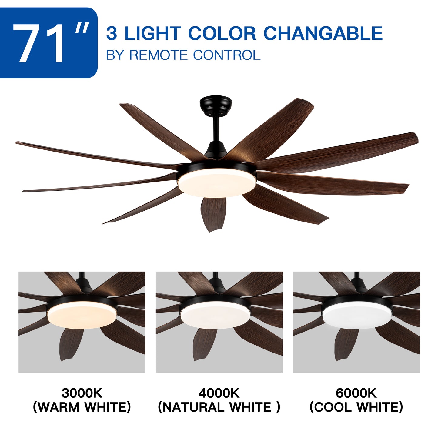 71 Rustic Integrated LED Ceiling Fan with 9 Solid Wood Blades