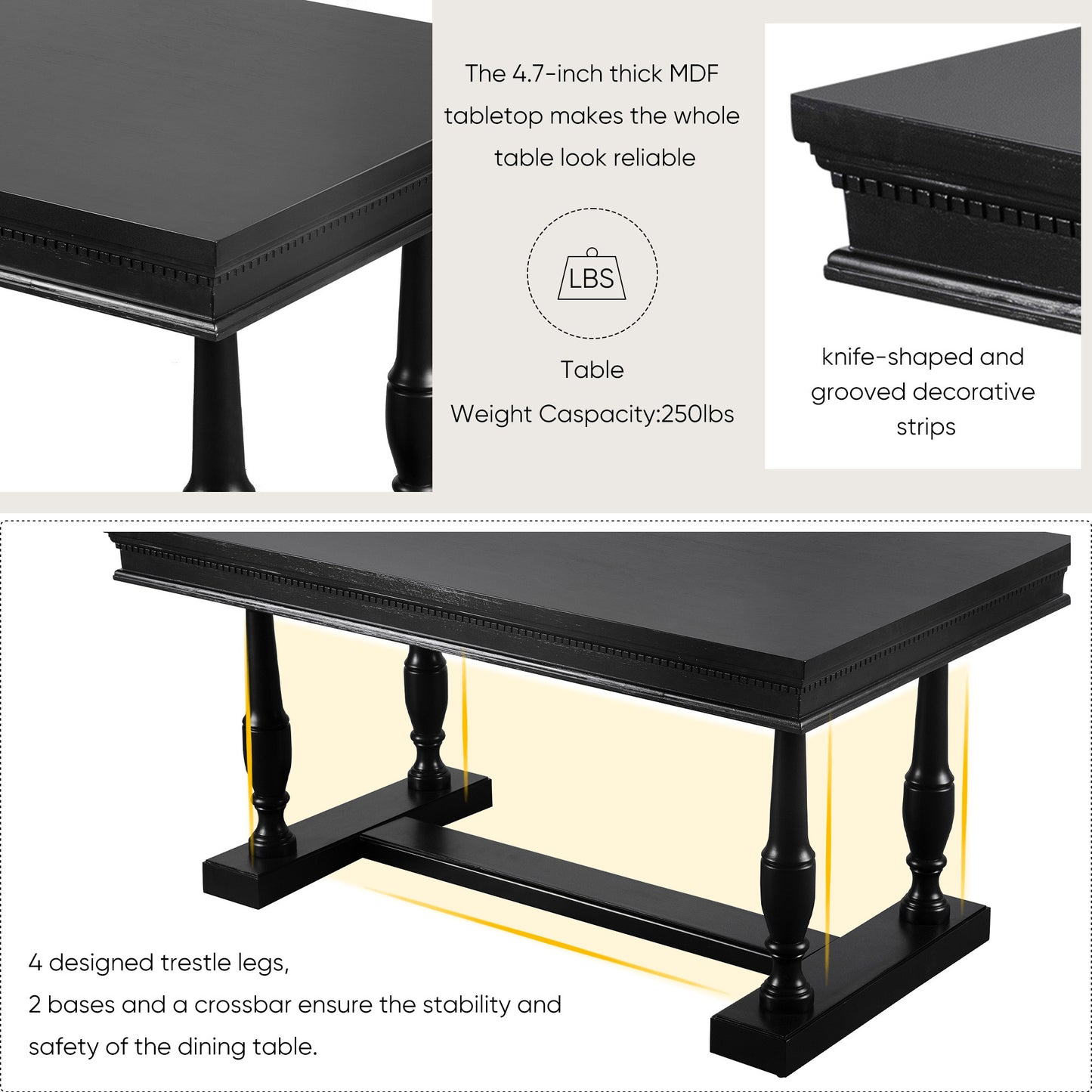 TREXM 7-Piece Dining Table with 4 Trestle Base and 6 Upholstered Chairs with Slightly Curve and Ergonomic Seat Back (Black)