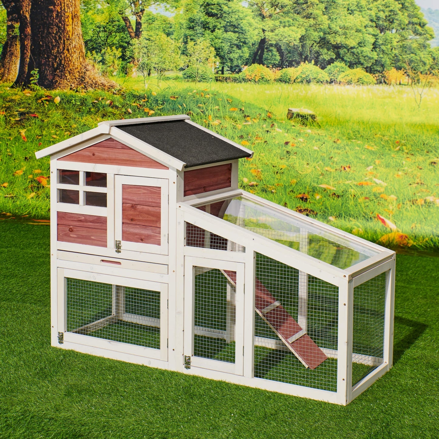 Rabbit Hutch Indoor Outdoor, Wooden Chicken Coop, Bunny Cage Hen House with Run, Ventilation Door, Removable Tray, Ramp, Sunlight Panel, Backyard Garden Animals Pet Cage Auburn