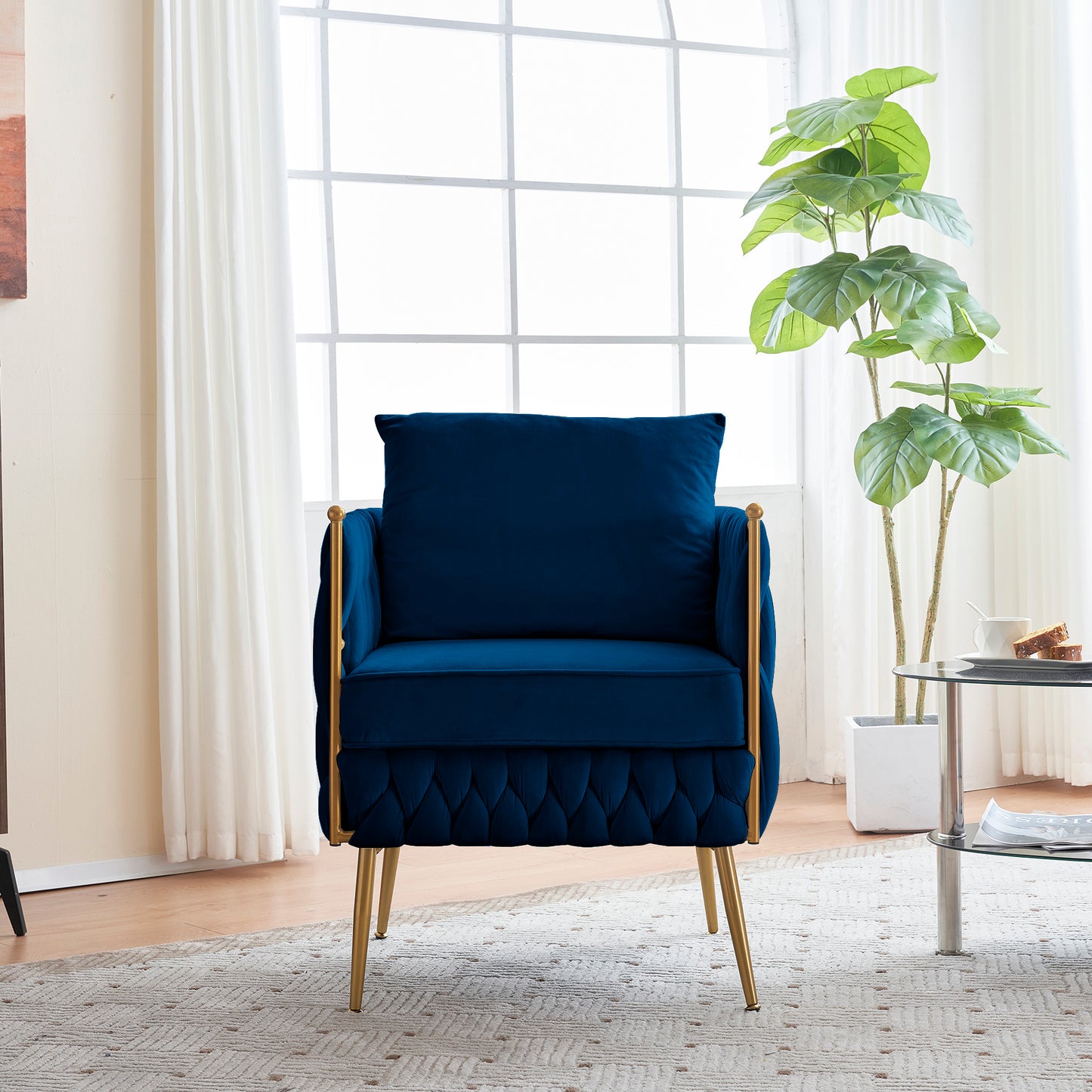 Modern Comfy Handmade Bucket Woven Velvet Accent Chair Arm Chair, Fluffy Tufted Upholstered Single Sofa Chair for Living Room, Bedroom, Office, Waiting Room  Blue Velvet