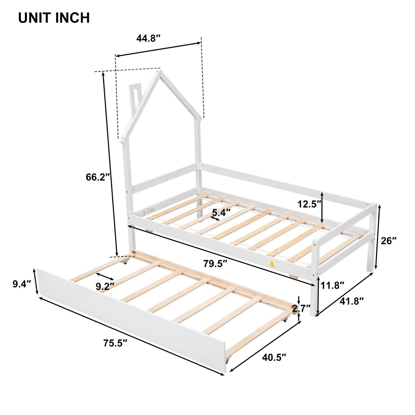 Twin Wooden Daybed with trundle, Twin House-Shaped Headboard  bed with Guardrails,White