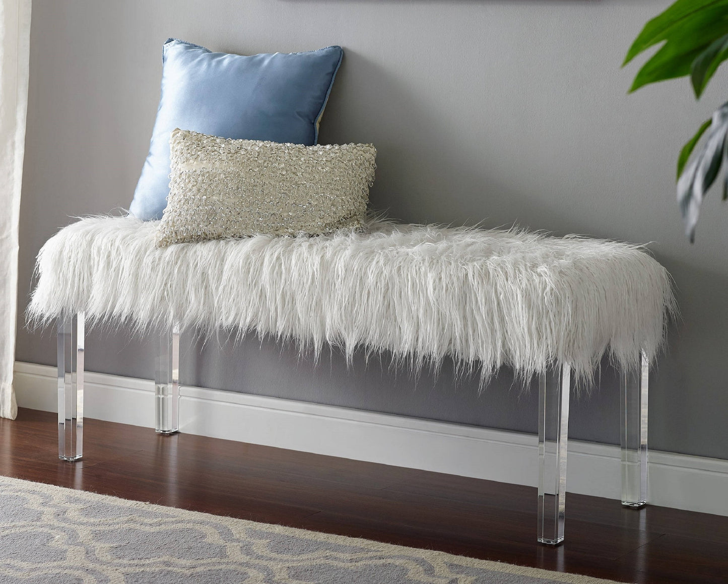 1pc White Glam Accent Bench with Faux Fur Seat Transparent Legs