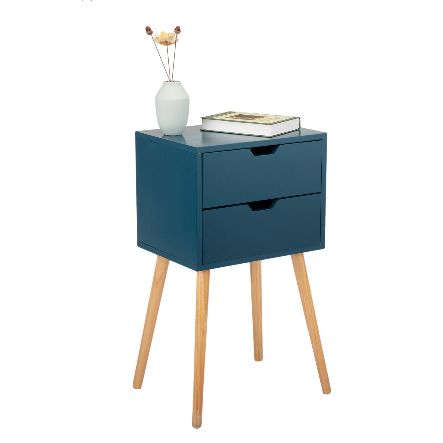 Set of 2 Nightstand with 2 Drawers, Mid Century Wood Bedside Table for Bedrooms Living Rooms, Sofa Side End Table, Blue