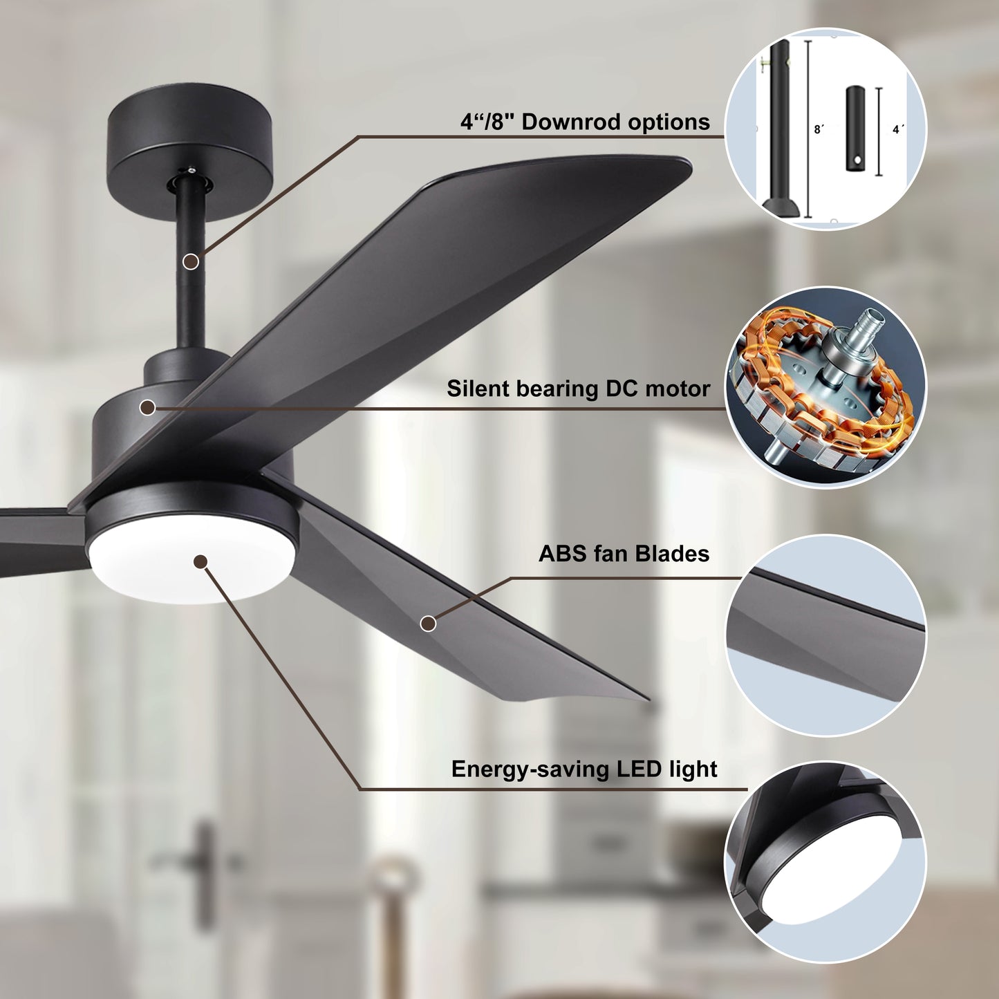 52 Black Ceiling Fan with Dimmable LED Light and Remote Control - Indoor/Outdoor