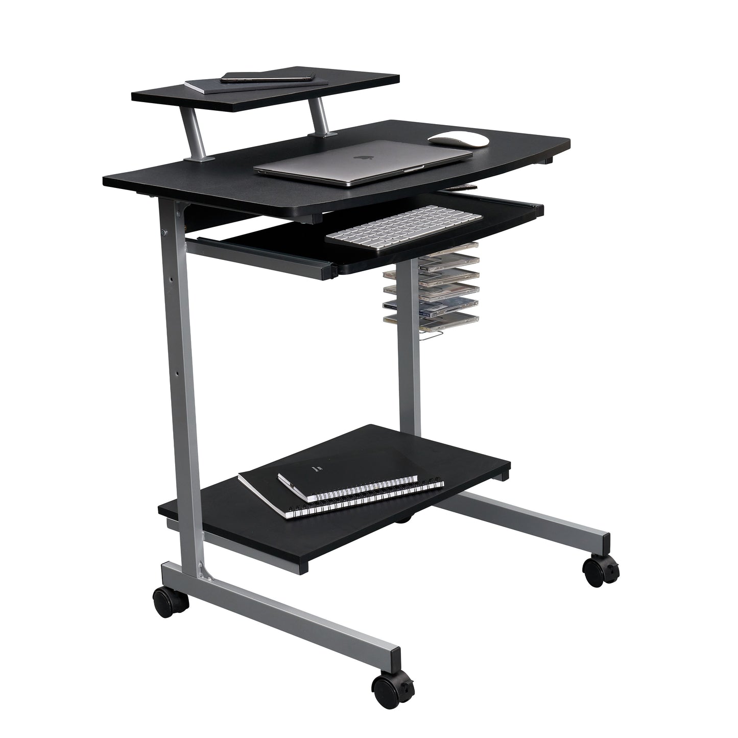 Graphite Compact Computer Cart with Storage and Adjustable Shelves