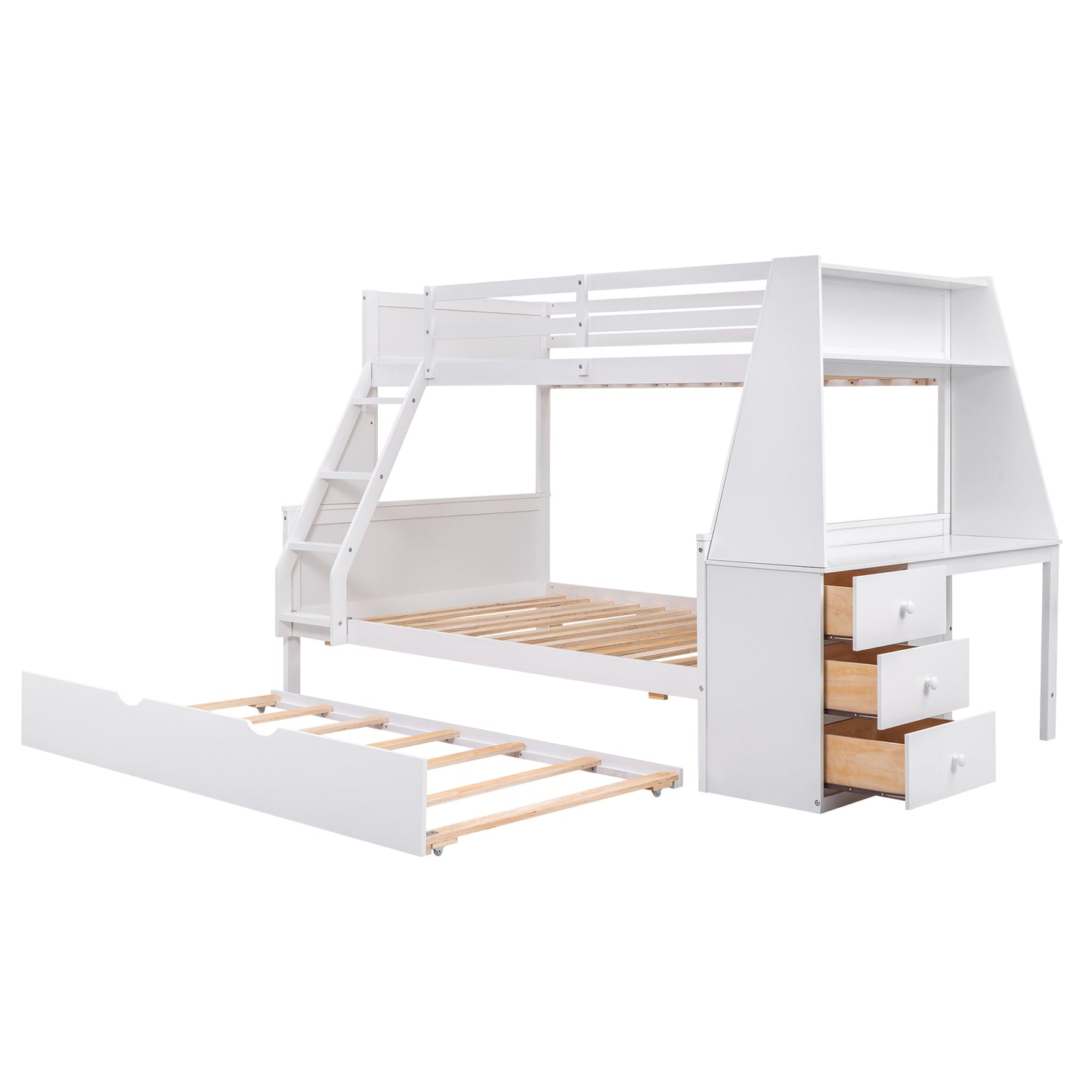 Space-Saving Twin over Full Bunk Bed with Built-in Desk and Trundle - White