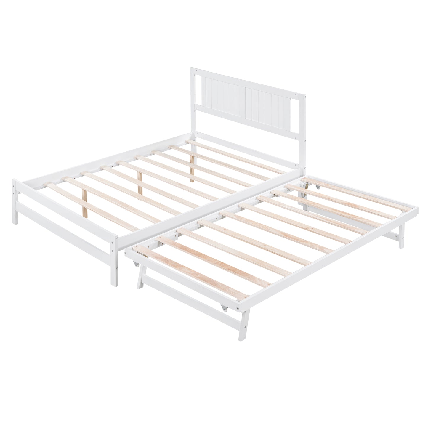 Full Size Platform Bed with Adjustable Trundle,White