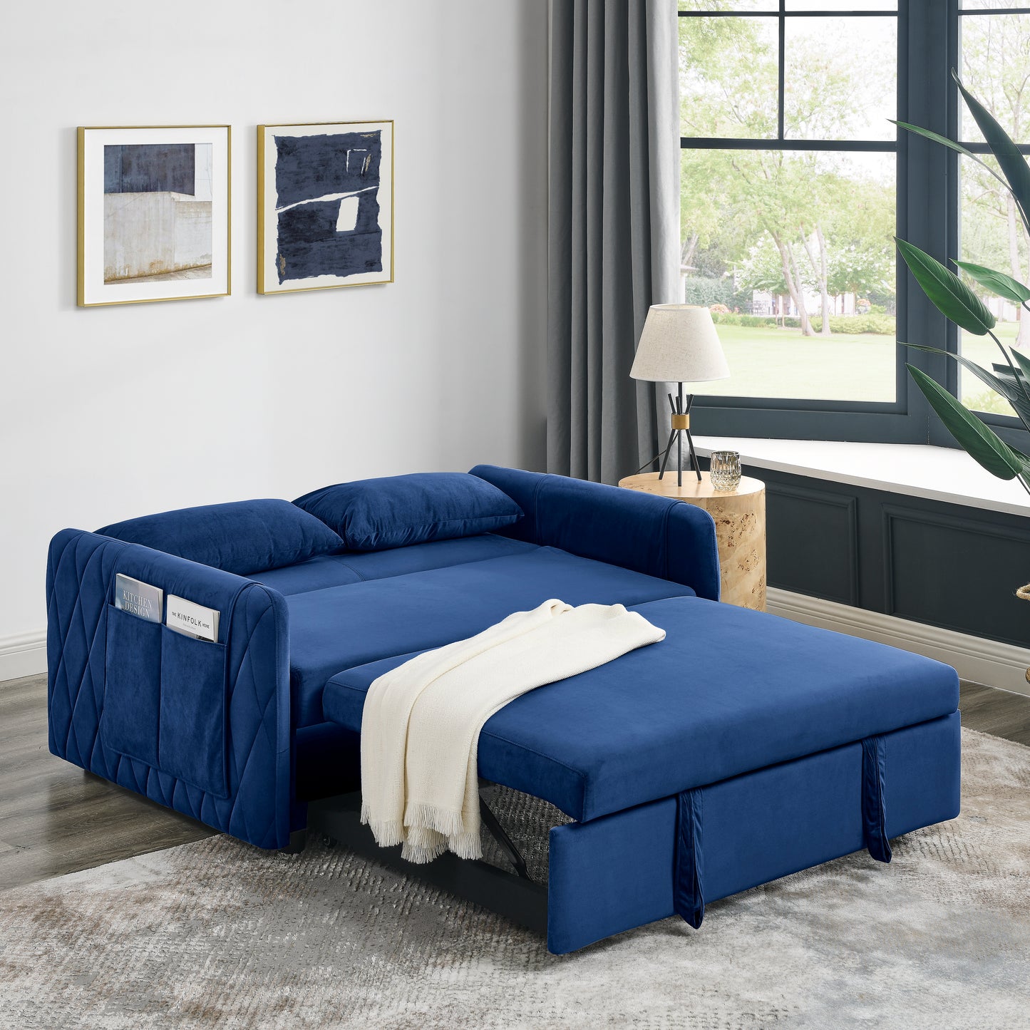 55 Convertible Velvet Sofa Bed with Adjustable Backrest and Storage Pockets