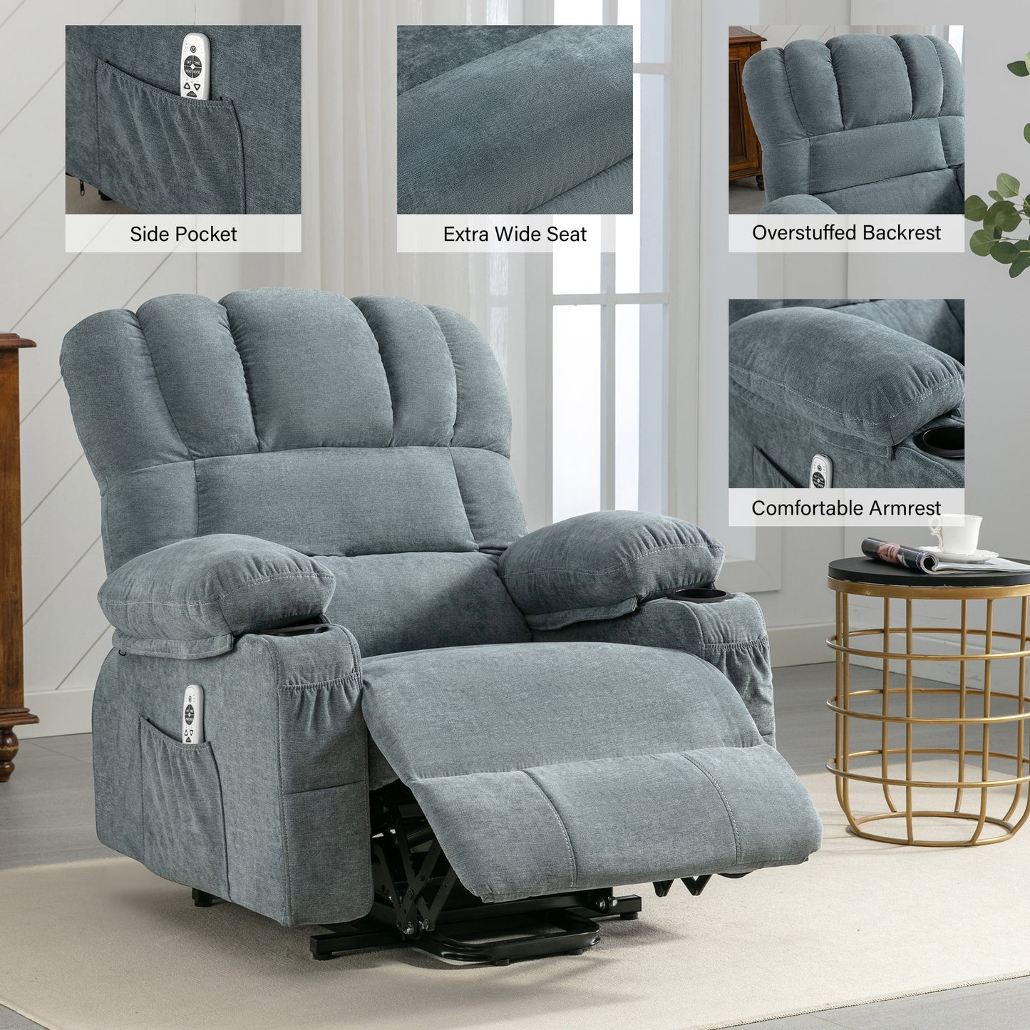 Blue Power Lift Recliner Chair with Massage, Heat, and Remote Control