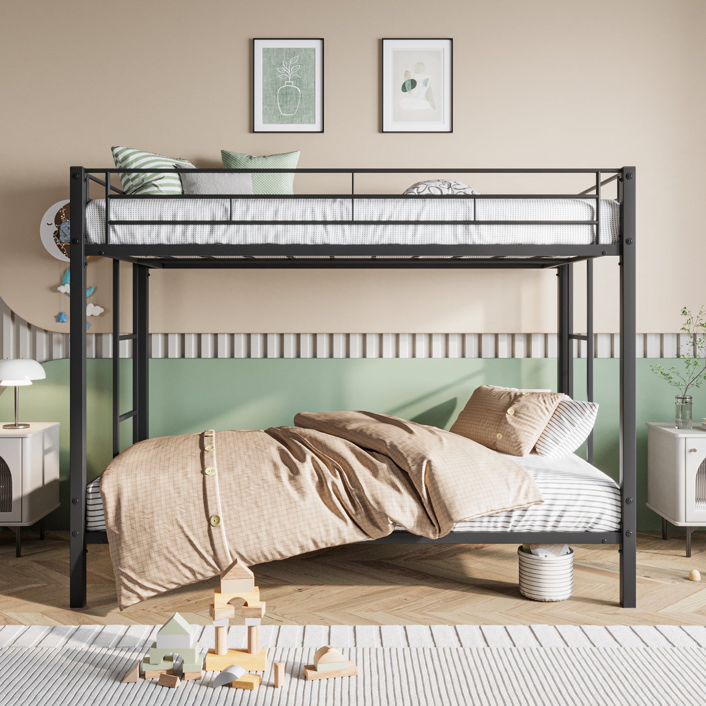 Heavy Duty Metal Twin Bunk Bed with Shelf and Safety Features - Black