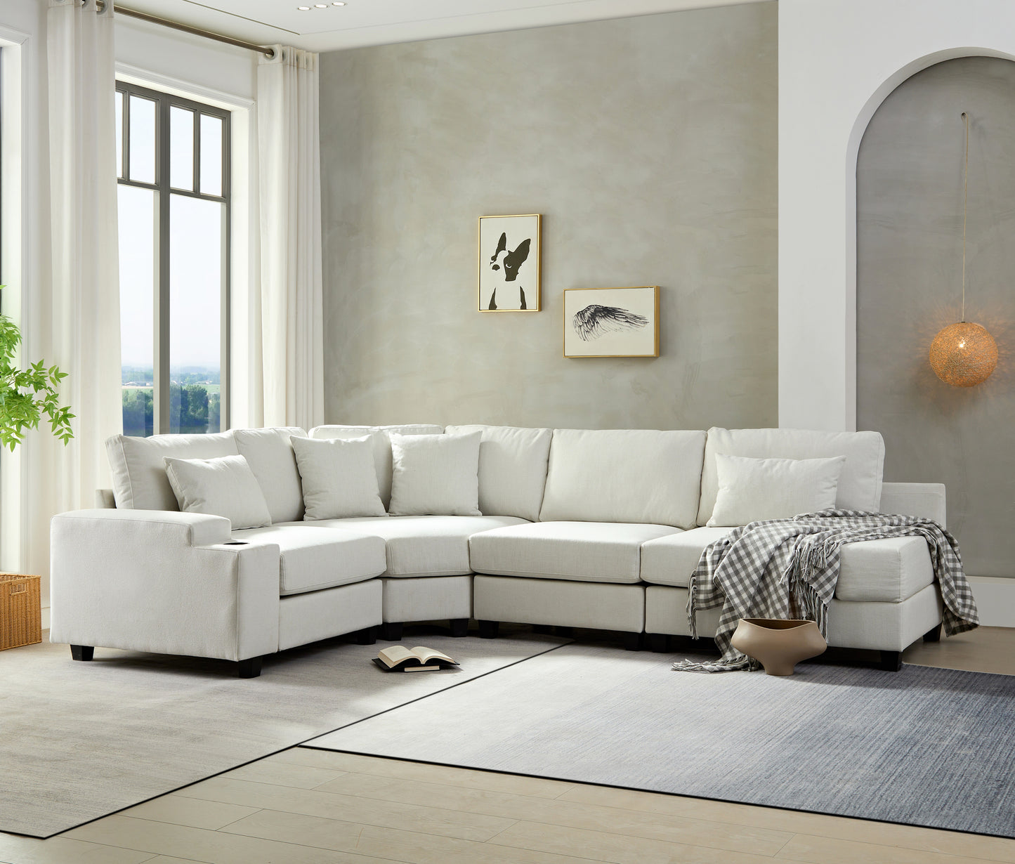 U_Style Stylish Modular Sofa Sectional with Polyester Upholstery with 4 Pillows, 1 Cup Holder with Free Combination for Living Room