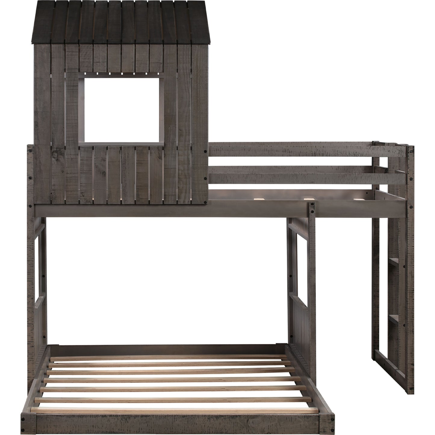 Wooden Twin Over Full Bunk Bed with Playhouse Design and Ladder - Antique Grey with Guardrails
