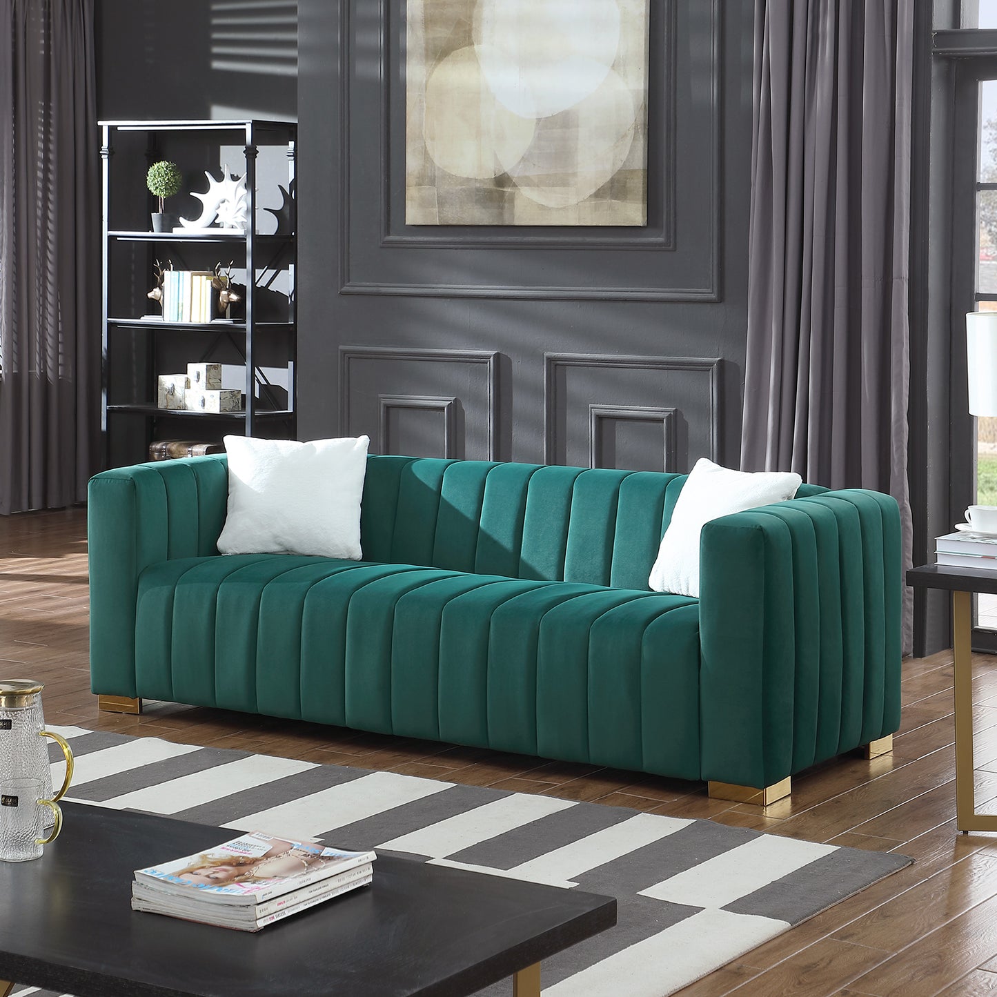 Chesterfield Inspired Dark Green Velvet Sofa Set with 3 Seater and Loveseat