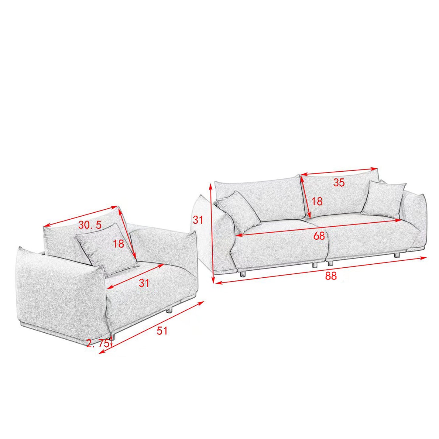 Modern 3-Seater and 1-Seater Sofa Set with Solid Wood Frame and Extra Pillows