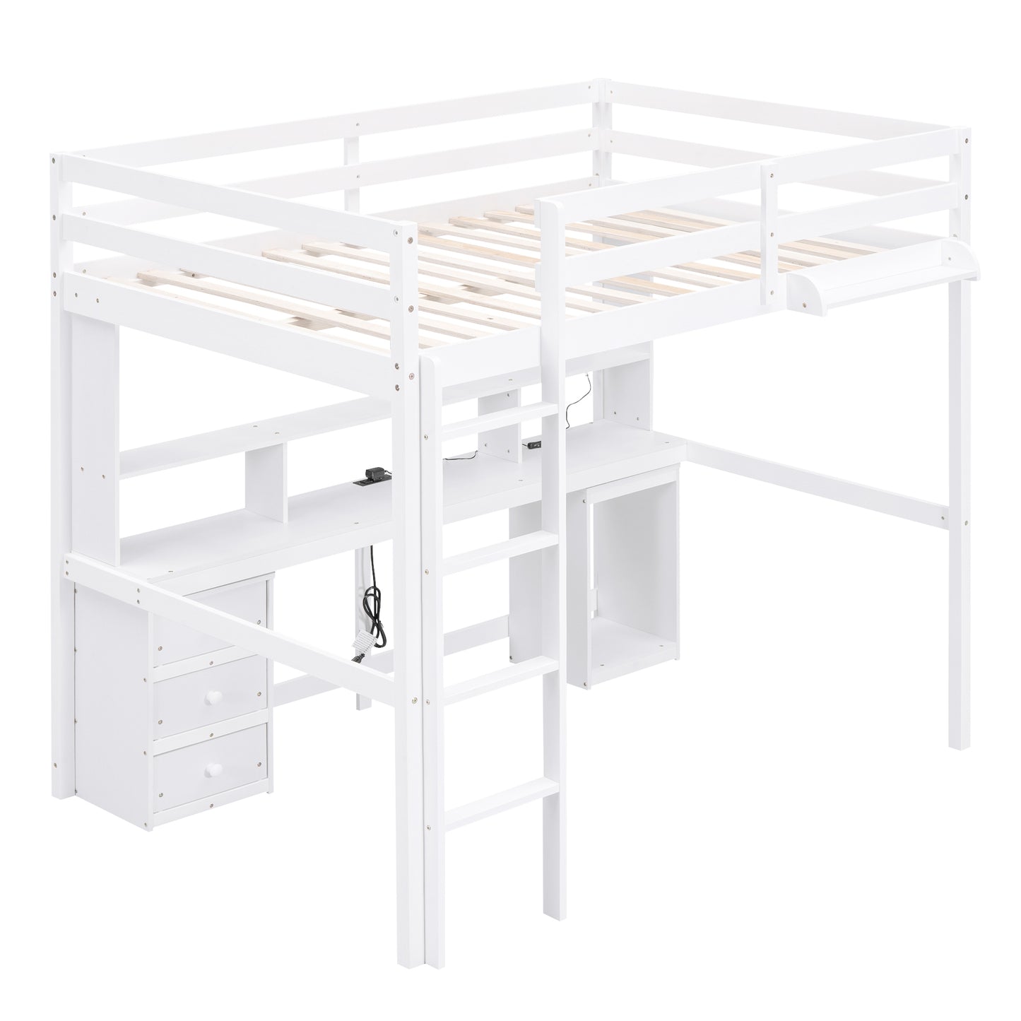 Full Size Loft Bed with Multi-storage Desk, LED light and Bedside Tray, Charging Station, White