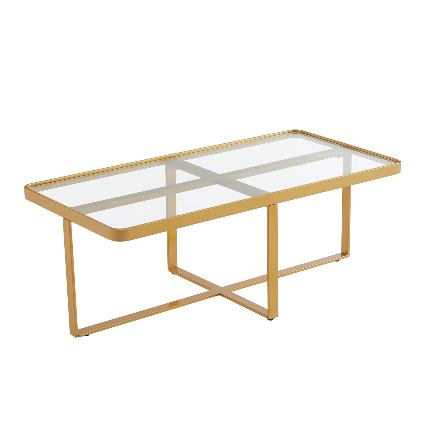 Sleek Rectangle Coffee Table with Golden Metal Frame and Tempered Glass Tabletop