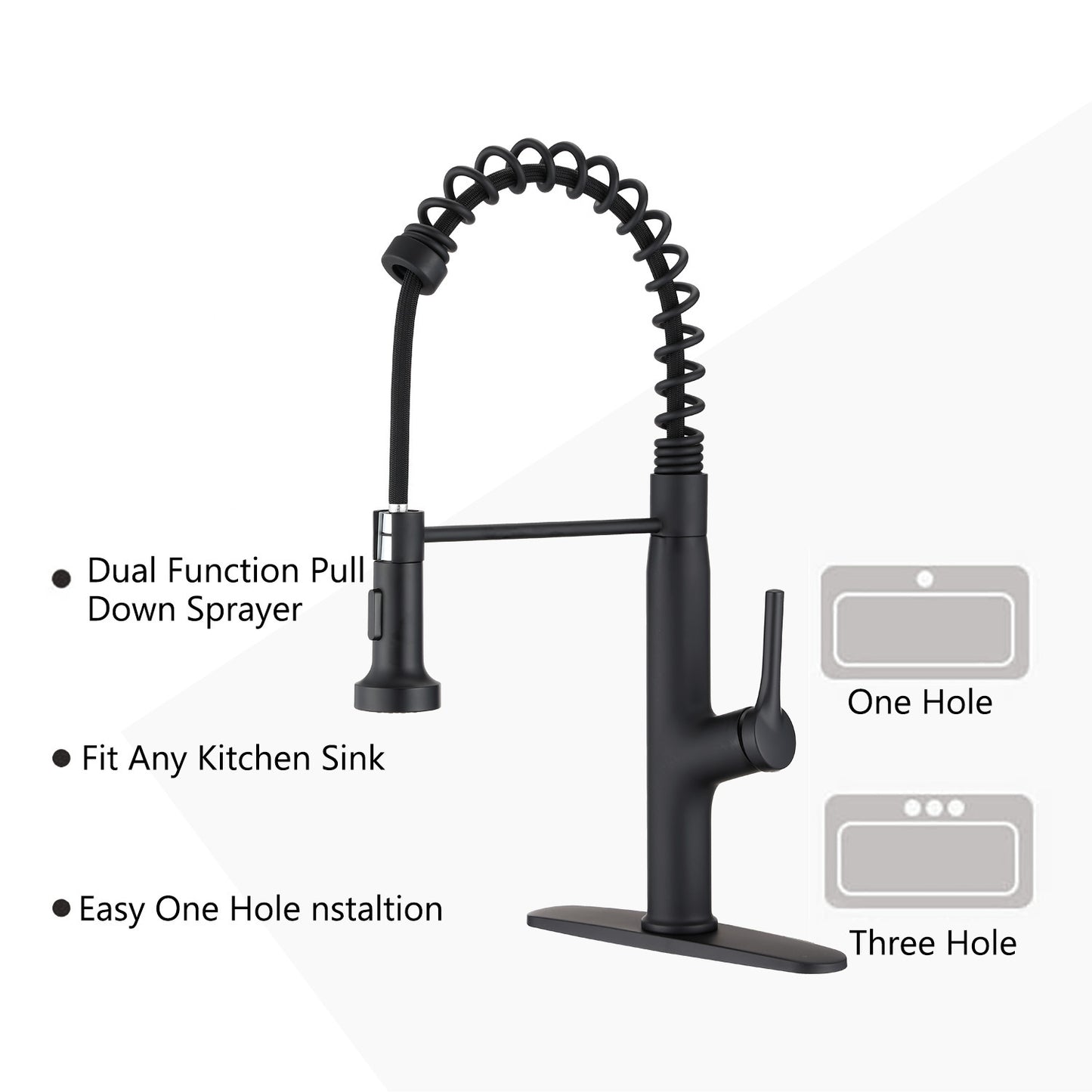 Kitchen Faucet Sink Faucet with Pull Out Sprayer, Single Hole and 3 Hole Deck Mount Matte Black