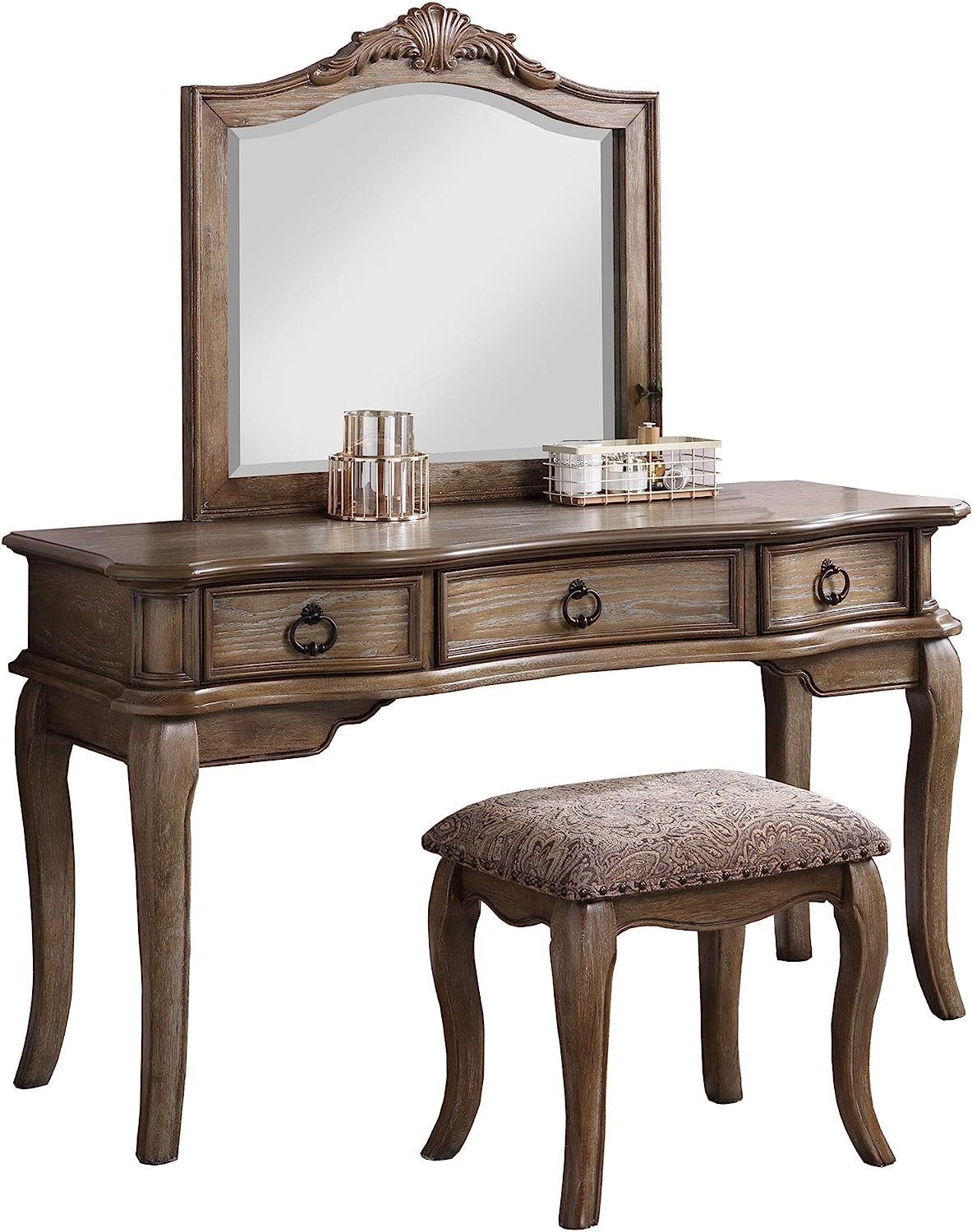 Contemporary Antique Oak Color Vanity Set w Stool Retro Style Drawers cabriole-tapered legs Mirror w floral crown molding Bedroom Furniture