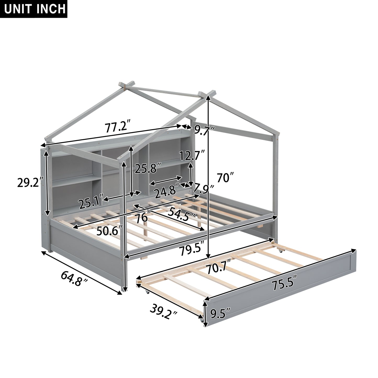 Full Size House Bed with Storage Shelves and Twin Size Trundle, Brushed Gray