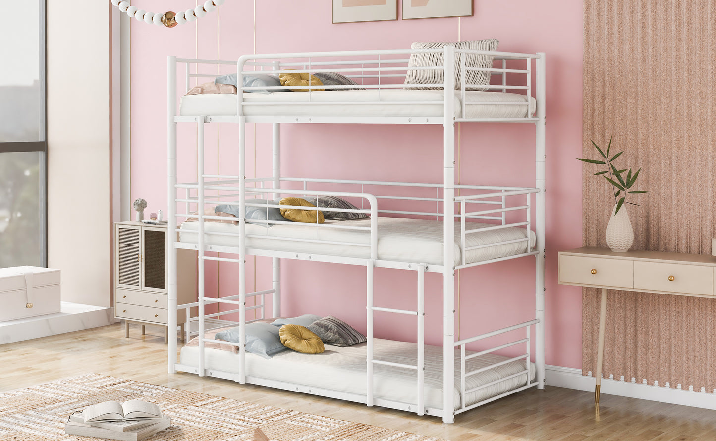 Twin-Twin-Twin Triple Bed with Built-in Ladder, Divided into Three Separate Beds,White(OLD SKU:LP000197AAK)