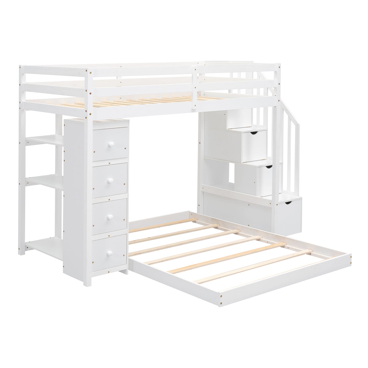 White Twin Over Full Bunk Bed with Storage Stairs & Drawers for Space-Saving Solution