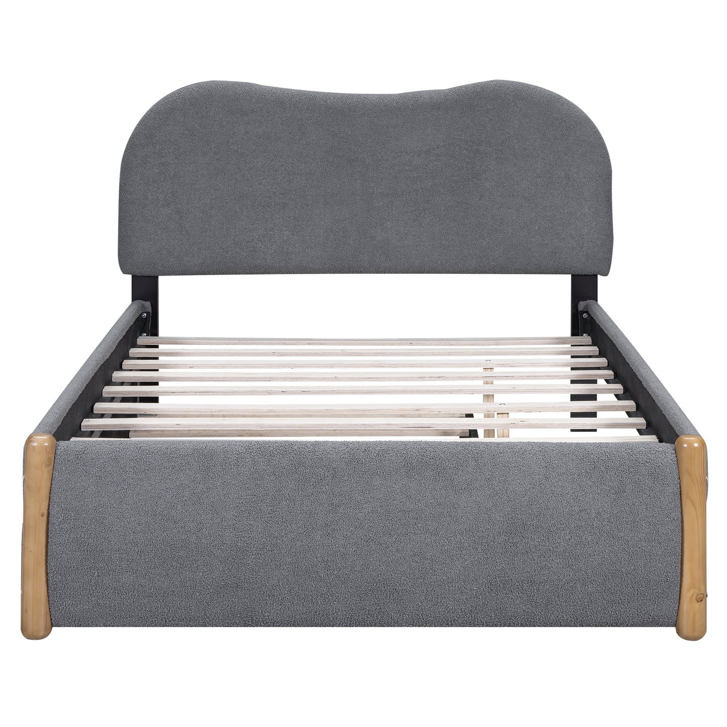 Full Size Upholstered Platform Bed with Wood Supporting Feet and Twin Size Trundle, Gray