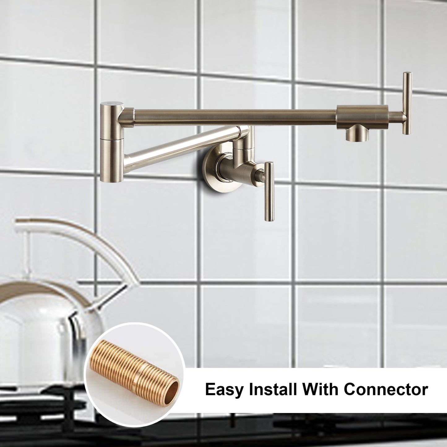 Pot Filler Faucet, Modern Brass Pot Filler Two-Attachment Wall Mount Folding Kitchen Pot Filler Swing Arm