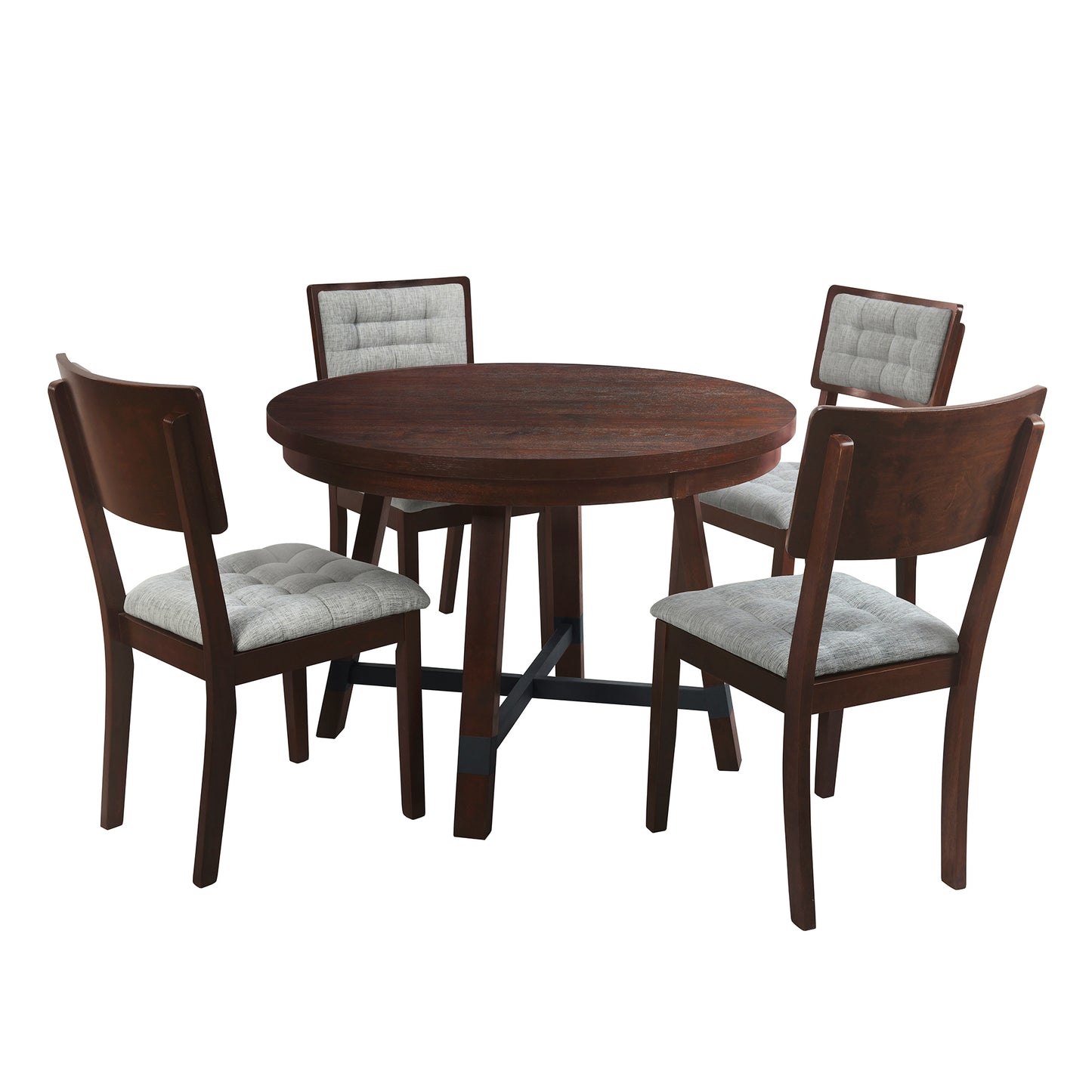 Rustic 42inch Round Dining Table Set with Cross Legs and Upholstered Dining Chairs for Small Places, Espresso